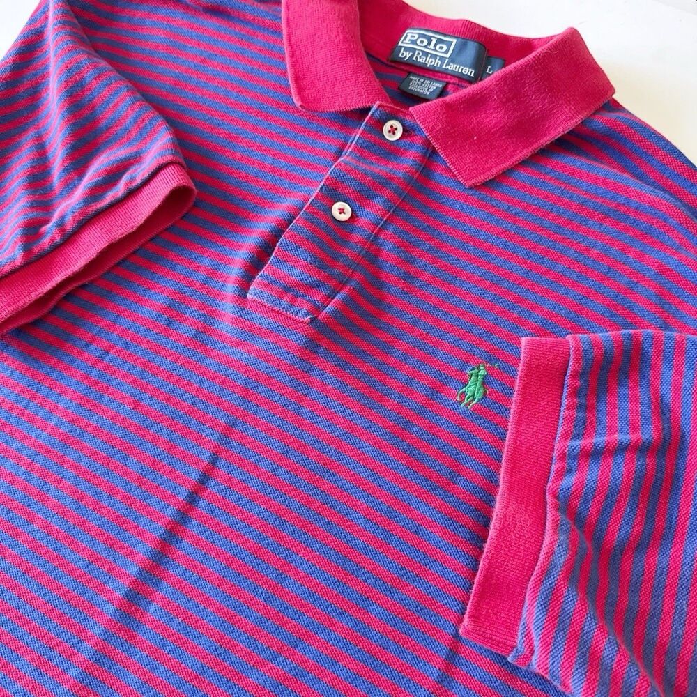 Vintage 90s Polo Ralph Lauren Striped Polo Shirt Red Blue L Blue Men's Colorful